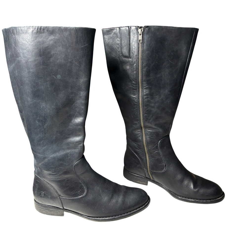 Born Black Leather Tall Riding Boots Wide Calf Side Zip Size 9